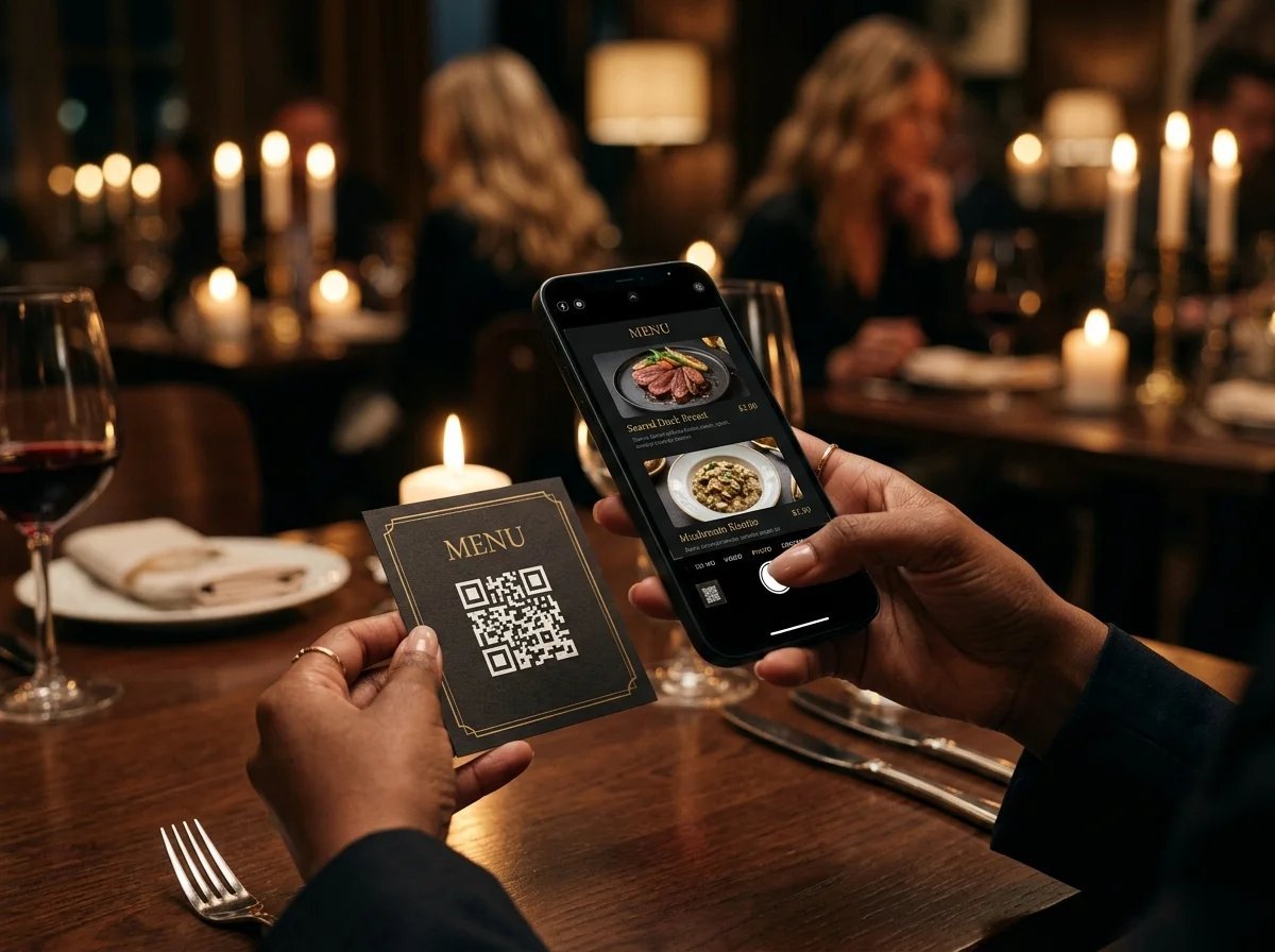 Cliente escaneando código QR de la carta digital en restaurante